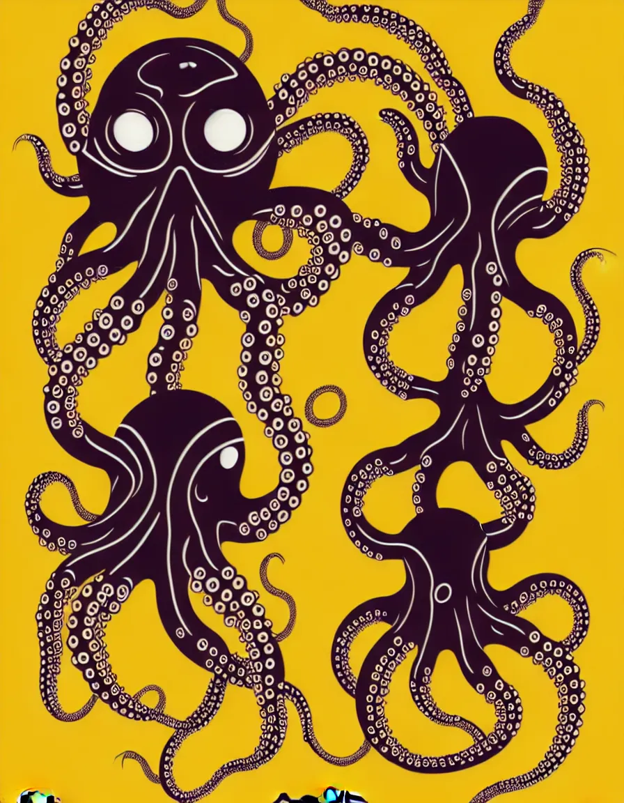 Prompt: cyborg octopus, symmetrical, vector art, 8k, trending on artstation, typographic concert poster