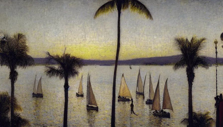 Image similar to a ultradetailed beautiful painting of the night sky of the great amazonas river golden white palace balustrade designed by jules bastien - lepage, tarsila do amaral, frank weston and gustave baumann, beach, trending on artstation, mediterranean, palm trees, sharp focus, sail boats, soft light, 8 k 4 k