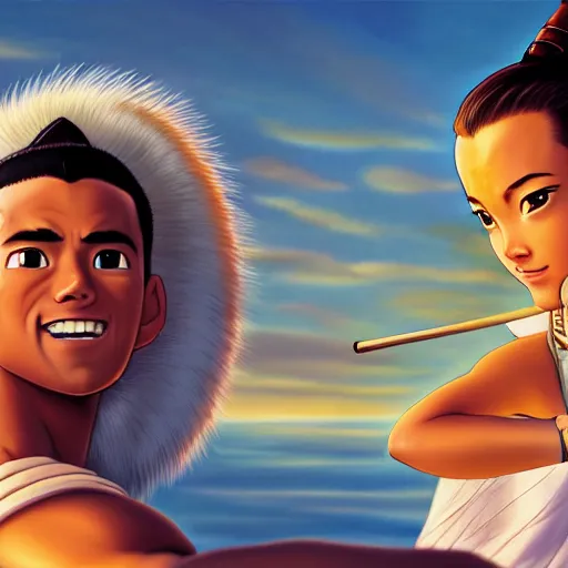 Image similar to beautiful serene intricate photograph of sokka and suki taking a selfie, smiling softly, relaxing on the beach, golden hour, soft focus, 8 k, art by irakli nadar, hyperrealism, hyperdetailed, ultra realistic