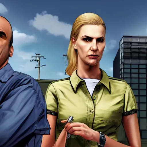 Image similar to Kim Wexler from Better Call Saul as a GTA character portrait, Grand Theft Auto, GTA cover art