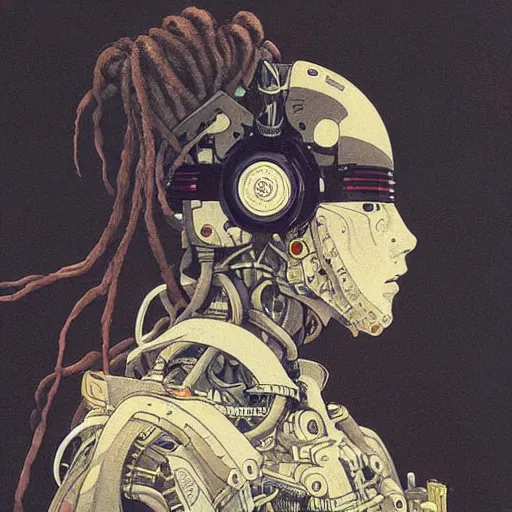 Prompt: a beautiful ukiyo painting of robot with dreadlocks, wearing space techwear, detailed symmetrical close up portrait, intricate complexity, by takato yamamoto, wlop, krenz cushart. cinematic dramatic atmosphere, sharp focus