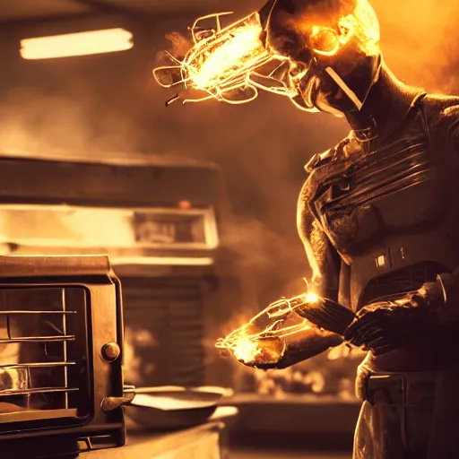 Image similar to cyborg with toaster oven chest, dark messy smoke - filled cluttered workshop, dark, dramatic lighting, orange tint, sparks, cinematic, highly detailed, sci - fi, futuristic, movie still