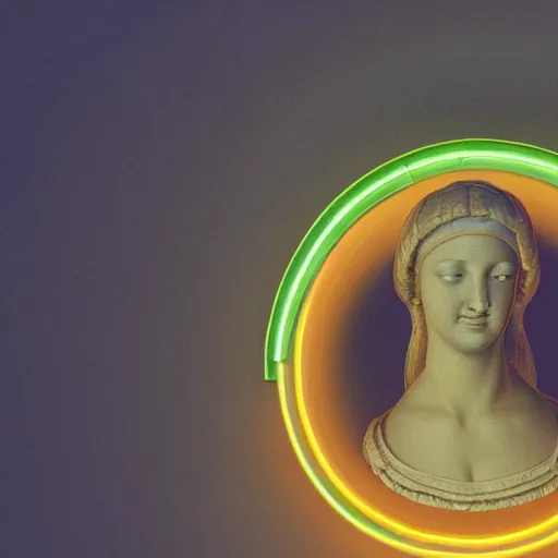 Image similar to a neon circle surrounding the head of a renaissance statue, 3 d render