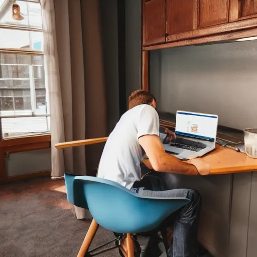 Prompt: back of short college guy with short blonde hair and a blue baseball cap sitting in a chair typing an essay on a laptop