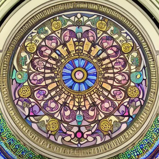 Image similar to huge 3 d plasterwork mural colourful detailed ornamental abstract art nouveau large circle mandala, full sized circle, art by alphonse mucha and walter crane and louis sullivan and william morris