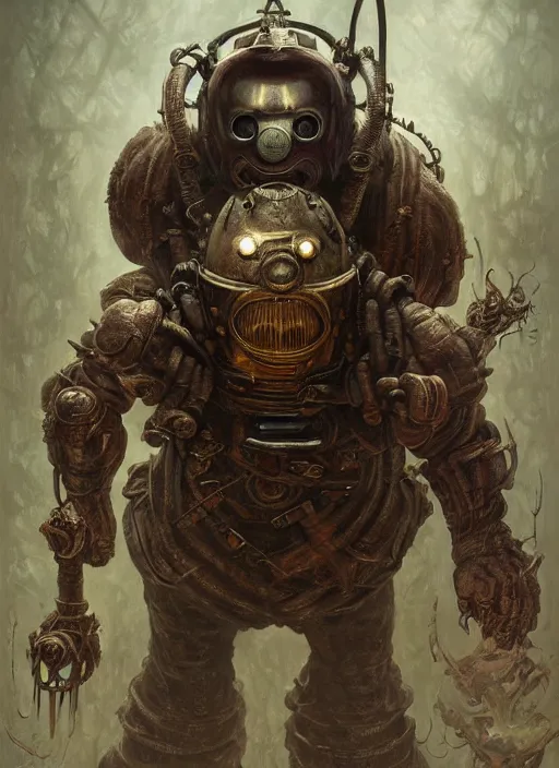 Image similar to bioshock big daddy mf doom reptile eyes, rusty skin. intricate, elegant, highly detailed, centered, digital painting, artstation, concept art, smooth, sharp focus, illustration, artgerm, tomasz alen kopera, peter mohrbacher, donato giancola, joseph christian leyendecker, wlop, frank frazetta