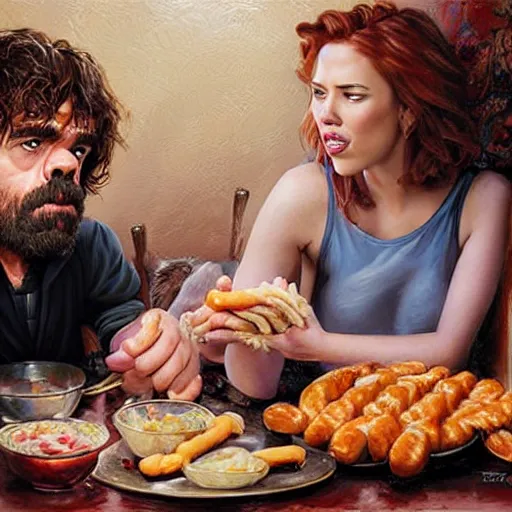 Prompt: portrait of peter dinklage sharing hotdogs with scarlett johansson, an oil painting by ross tran and thomas kincade w 7 6 8