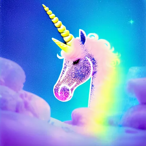 Image similar to an ultra high definition pastel coloured wildlife photograph of a magic unicorn with a glittery magic horn eating an ice cream in a magical field. refraction, volumetric lighting iridescence.