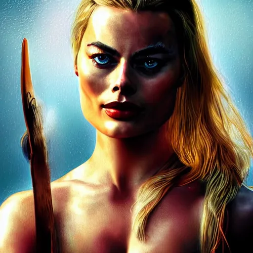 Prompt: beautiful warrior margot robbie, hd digital art, highly detailed