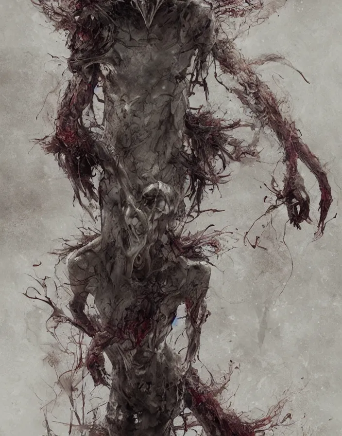 Prompt: folk horror illustration of a disturbing pseudohuman monster design by Masahiro Ito, silent hill concept artwork, art by greg rutkowski, art by craig mullins, art by Masanori Warugai, art by Yoshitaka Amano