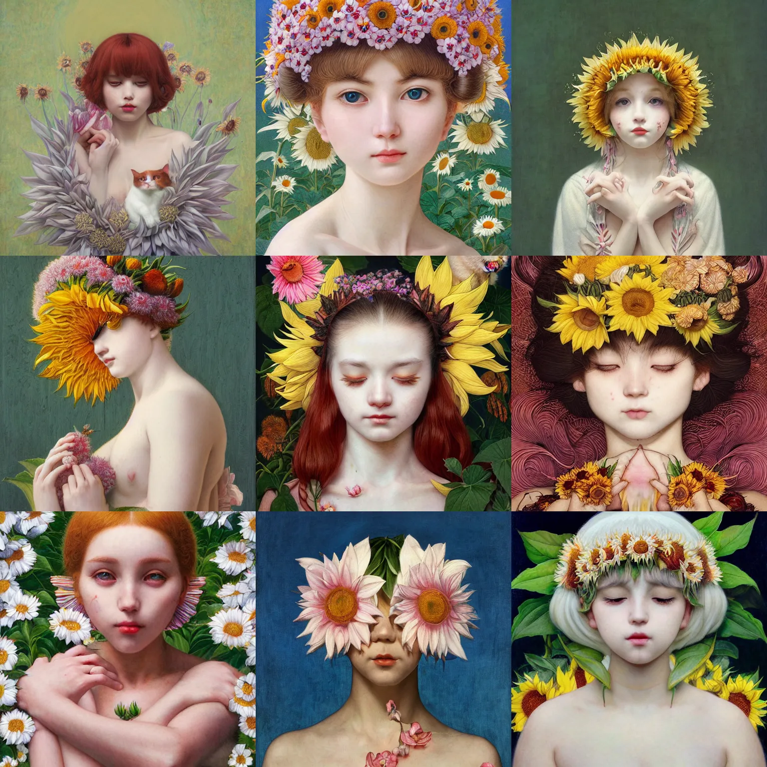 Image similar to white cat girl, botanical, sunflower, portrait face, colorful, frantisek kupka, intricate, miles johnston, kuroda seiki, cynical realism, ozabu, john william godward, painterly, yoshitaka amano, moebius, miles johnston, louise zhang, james jean, mark ryden lowbrow pop surrealism art style