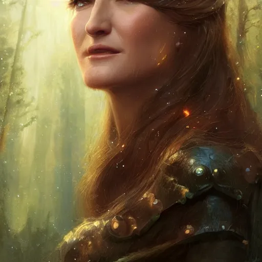 Prompt: closeup portrait of a young jane seymour as a wizard casting magic, forest background, megacity, high fantasy, dramatic light, gorgeous view, depth, high detail, digital art, painted by greg rutkowski, trending on artstation