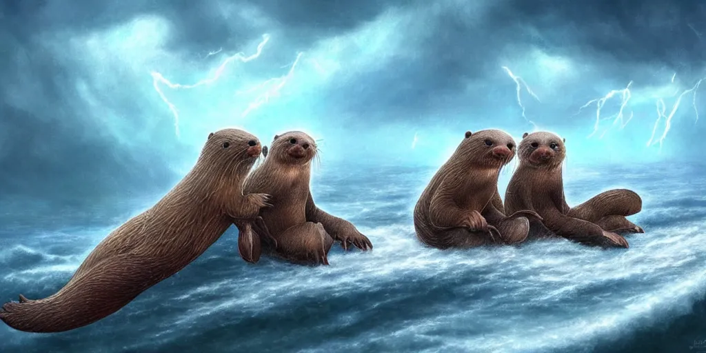 Image similar to beautiful incredible fantasy illustration of a pair of adorable otters falling in love holding hands in a huge storm at sea cinematic dreamlike detailed trending on artstation masterpiece