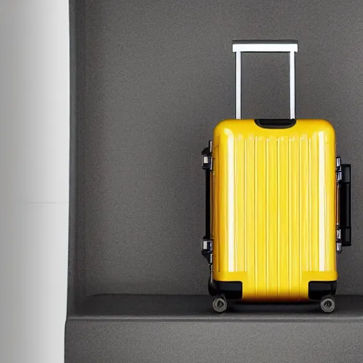 Image similar to a yellow coffee mug looks like rimowa aluminium suitcase, full of steaming coffee