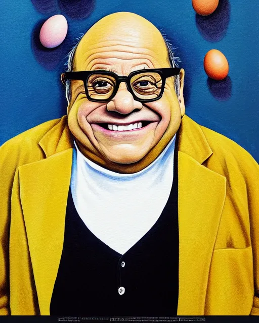 Image similar to painting portrait of danny devito as an egg, cartoon, warm lighting, danny devito has an egg body, movie poster, illustration by bartek fedyczak, erak note, tooth wu, neil richards, kan liu, siwoo kim, jisu choe, trending on art station