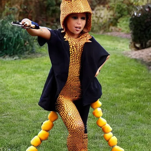 Image similar to full body photo of jennifer lopez, she is wearing a funny kid's hallowen costume of corn on a cob