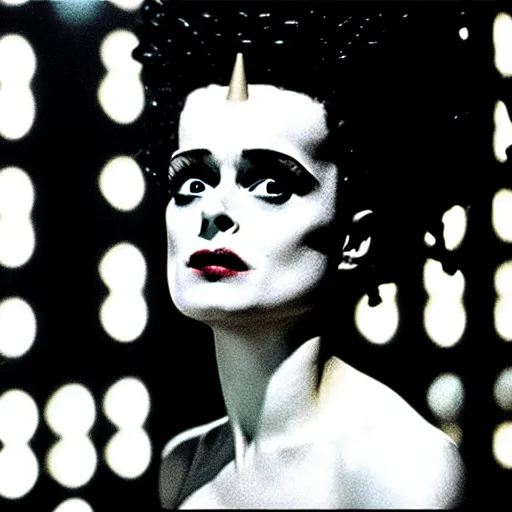 Prompt: cinematic portrait of surprised helena bonham carter as bride of frankenstein as a replicant in a busy nightclub,, still from the movie bladerunner, fashion photography, a sign is in the background, 8 k, high detail, face in focus