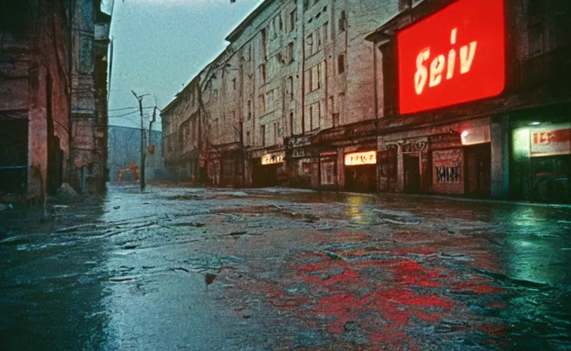 Image similar to 70s movie still of a soviet street from Sarajevo in 1960s , Cinestill 800t 18mm, heavy grainy picture, neon billboards at night, rain, mud