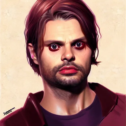 Image similar to flan pudding face sebastian stan as a sentient flan pudding, sebastian stan flan face face spliced with ( ( wibbly wobbly flan pudding facd ) ) ) hybrid humanoid by greg rutkowski
