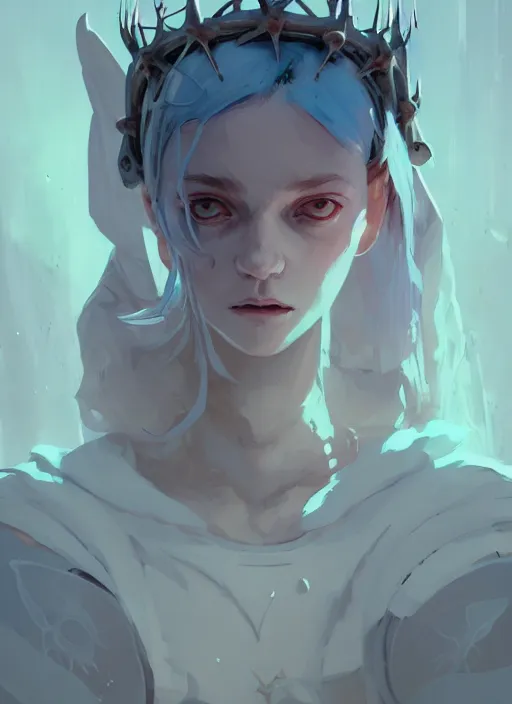 Image similar to portrait of cute angel maiden girl with crown of thorns and white short hairs, warhammer, cyberpunk, by atey ghailan, by greg rutkowski, by greg tocchini, by james gilleard, by joe gb fenton, by kaethe butcher, dynamic lighting, gradient light blue, brown, blonde cream and white color in scheme, grunge aesthetic