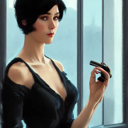 Prompt: Woman with black short hair, wearing black dress smoking, intricate, elegant highly detailed, digital painting, artstation, concept art, smooth, sharp focus, illustration, art by artgerm and greg rutkowski and alphonse mucha