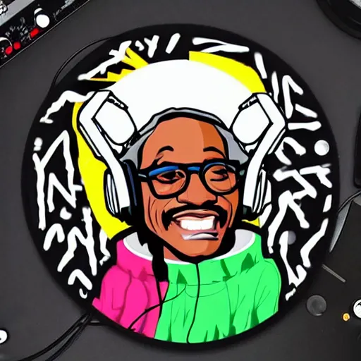 Image similar to svg sticker of a Dancing-Ben-Harper-Snoop-Spike-Lee-with-a-large-Afro-Puff, at a rave, spinning records, giant headphones rocking out, wearing headphones, huge speakers, dancing, rave, DJ, spinning records, digital art, amazing composition, rule-of-thirds, award-winning, trending on artstation, featured on deviantart