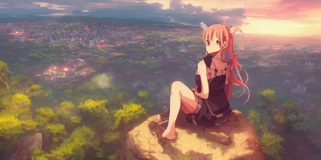 Premium AI Image | Anime girl looking down at the trees