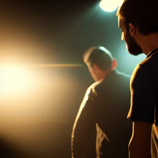 Image similar to two man giving a handshake and petting each other on the shoulder ultra realistic, lens flare, atmosphere, glow, detailed, intricate, full of colour, cinematic lighting, trending on artstation, 4 k, hyperrealistic, focused, extreme details, unreal engine 5, cinematic, masterpiece, ultra realistic, hyper realistic, highly detailed, sharp focus, digital art