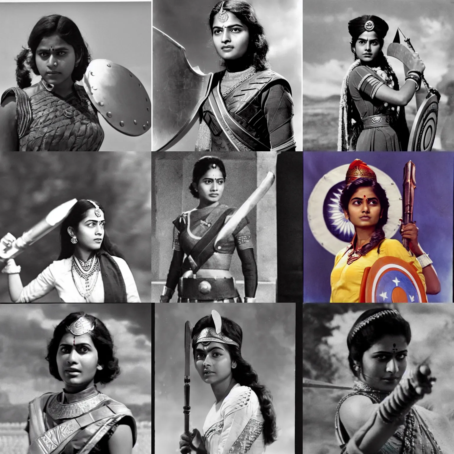 Prompt: A young Indian woman as captain India, holding a shield, film still from The Avengers
