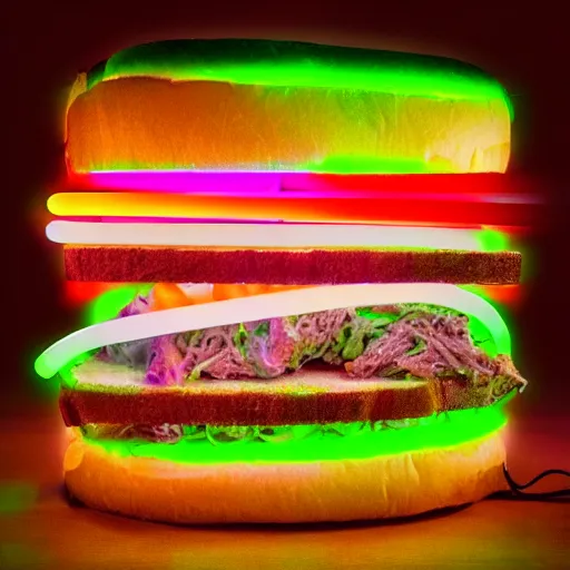 Image similar to an extremely high quality photo of a surreal neon-lightsaber-sandwich, ((sandwich)) creation, a hybrid mixture of lightsabersandwich filled with lightsaber neons and sandwichlightsaberneontube patties, neon tubesauce drizzled, lightsaber lettuce, glowing sandwich, promotional photo, 4k polymer clay food photography