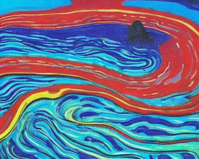 Image similar to Ocean waves in a psychedelic dream world. DMT. Curving rivers. Craggy mountains. Landscape painting by Edvard Munch. David Hockney. Takashi Murakami. Minimalist.