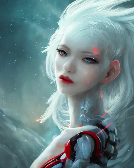 Prompt: cyborg girl with white hair and red clothes, alien hive, honey decorations, dreamy, beautiful illustration, scifi, radiant, atmosphere, harmony, top lighting, blue eyes, focused, perfect composition, artstation, highly detailed, art by yuhong ding and chengwei pan and serafleur and ina wong