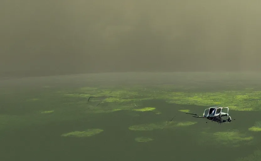 Image similar to a close - up detailed cell - shaded cartoon movie still from howl's moving castle ( 2 0 0 4 ) of a gyrocopter in a flooded rainforest valley. stonehenge is seen in the background with shafts of sunlight from above. very dull muted colors, hd, 4 k, hq