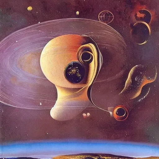 Prompt: A portrait of Venus as a princess with a background a surrealist oil painting by Salvador Dali of outer space