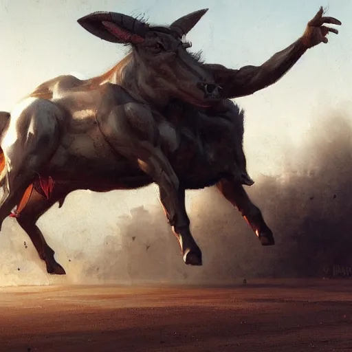 Image similar to minotaur doing aerobic, oil painting, by greg rutkowski