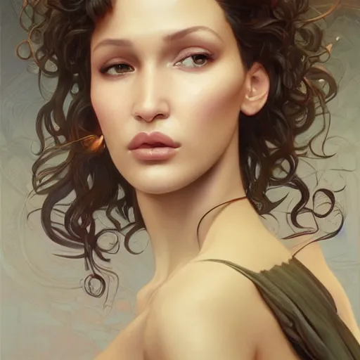 Image similar to ultra realistic illustration, bella hadid wearing a curly english mustache, intricate, elegant, highly detailed, digital painting, artstation, concept art, smooth, sharp focus, illustration, art by artgerm and greg rutkowski and alphonse mucha