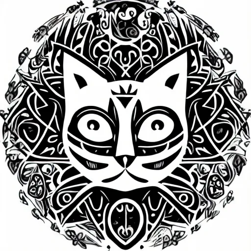 Prompt: tattoo sketch, cat, winks, draft, organic ornament, maori, vector