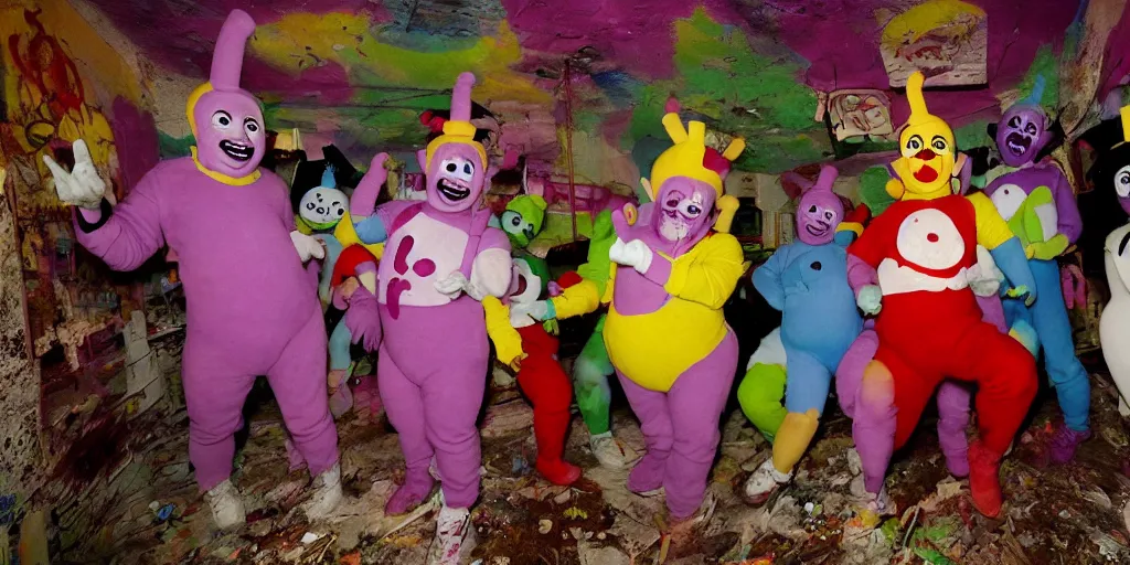 Image similar to Juggalo Teletubbies band photoshoot inside abandoned dollhouse, 1980s surrealism aesthetic, detailed facial expressions, graffiti on the walls and ceiling