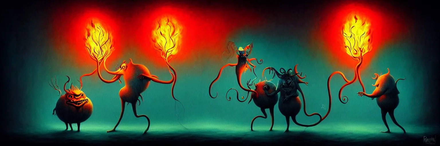 Image similar to whimsical creature freaks from the depths of the imagination, dramatic lighting from fire glow, surreal dark uncanny painting by ronny khalil