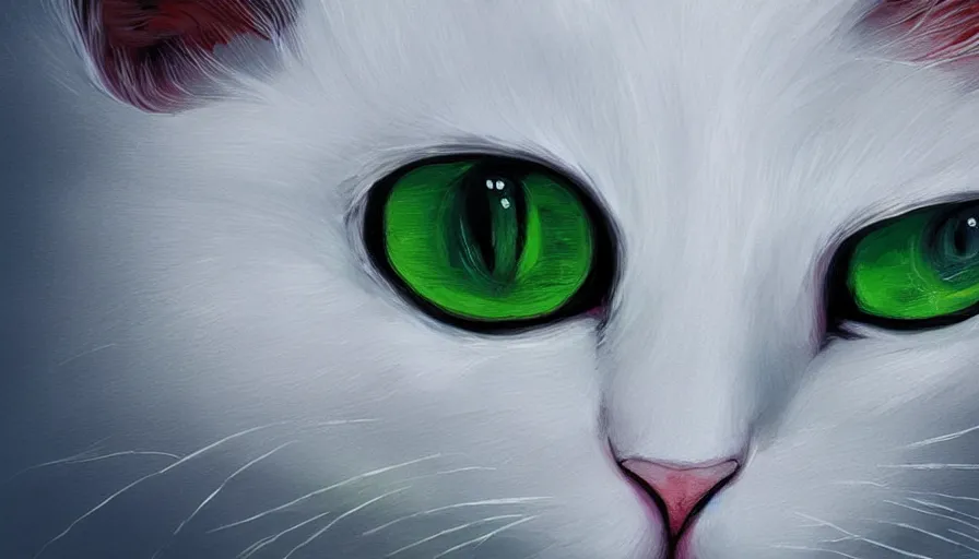 Image similar to hand painted white cat with green eyes, snow, hyperdetailed, artstation, cgsociety, 8 k