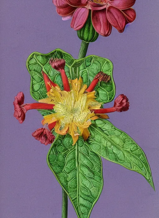 Image similar to fantasy scientific botanical illustration of colorful flower with a female mouth