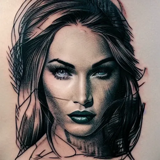 Prompt: hyper realism tattoo sketch of megan fox face professional double exposure art with beautiful mountain scenery, in the style of matteo pasqualin, amazing detail, sharp, faded