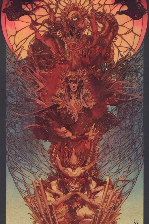 Prompt: 中 元 节, 中 国 鬼 节, king of hell, comic book page by, illustrated by boris vallejo, game, movie concept art, full color manga cover, symmetrical, simple color palett by mucha, zdzislaw, tyler jacobson, noah bradley, james paick