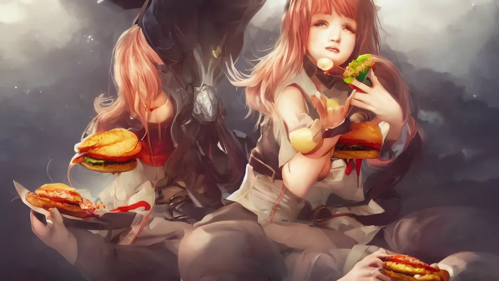 Prompt: waifu eating borgar , fantasy artwork, award winning, very very very very very very very beautiful, artstation