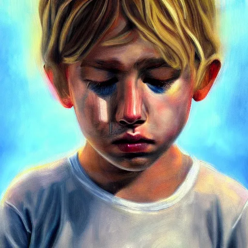 Image similar to highly detailed painting of deep sadness alone, young blonde boy, expressive emotional sadness piece, trending on art station, abstract emotional sadness expression, very very very beautiful, digital art