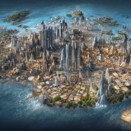 Image similar to Large Fantasy City in the middle of an island in the ocean, concept art, matte painting, birds eye view, city plans