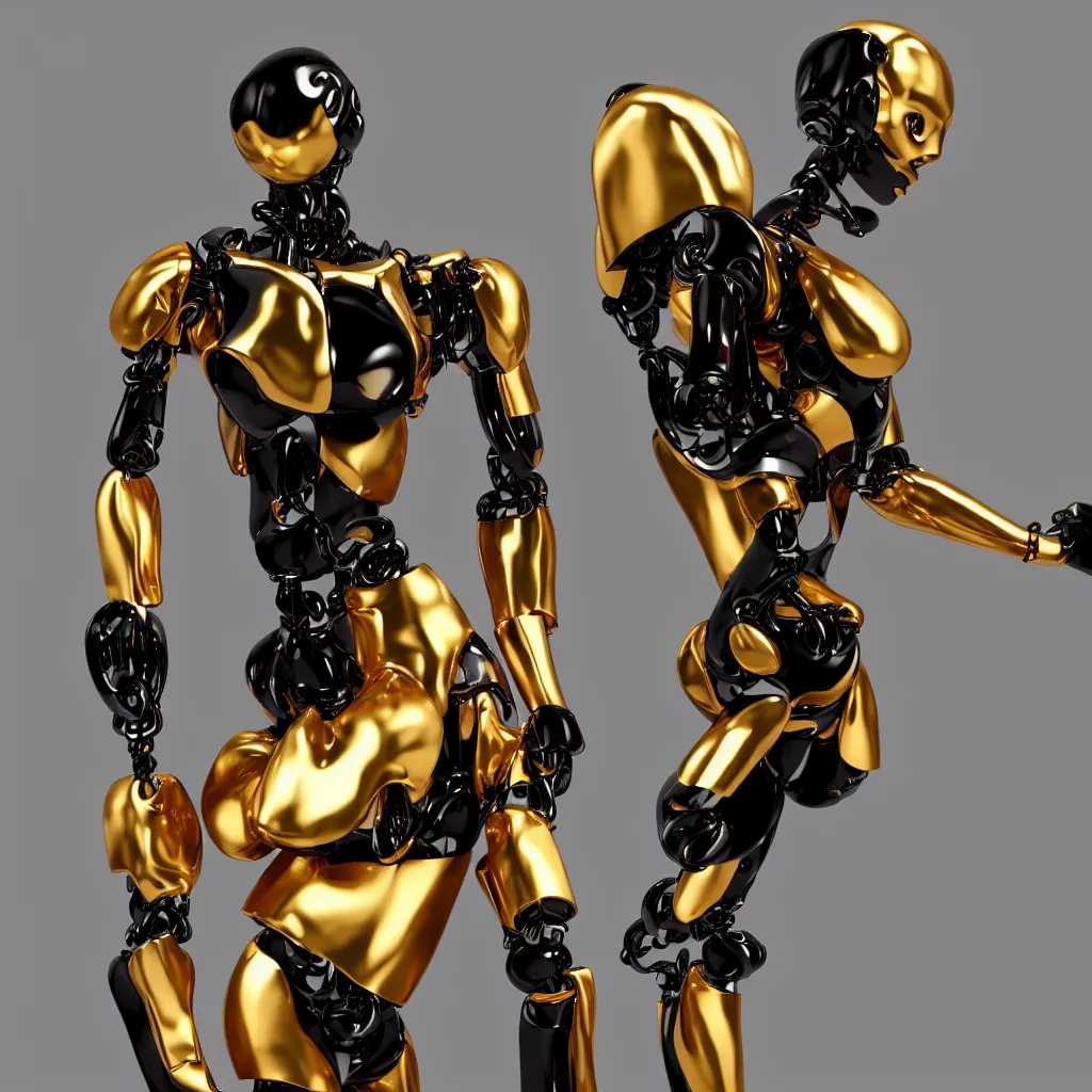 Prompt: gold blue pink black robot full body , 3D render, dark background, smooth background, studio lighting, vivid colors, unreal engine