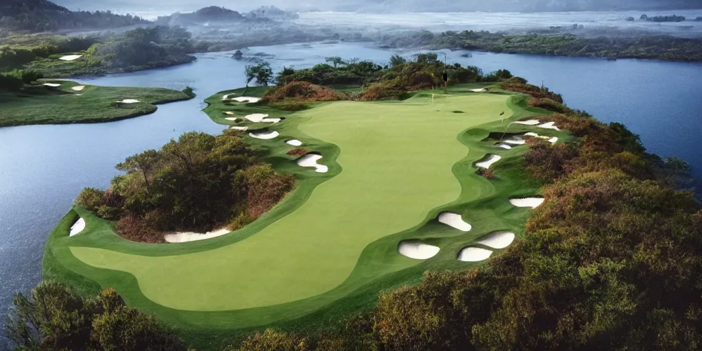 Image similar to a great photograph of the most amazing golf hole in the world, surrounded by water, giant octopus, ambient light, golf digest, top 1 0 0, fog