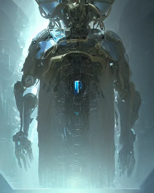 Image similar to benevolent cyborg necromancer, scifi, futuristic, helpful, kind, intelligent, alien room background, white, blue, gold, highly detailed, trending on artstation, soft light, holy machine, advanced technology, art by vitaly bulgarov and nivanh chanthara