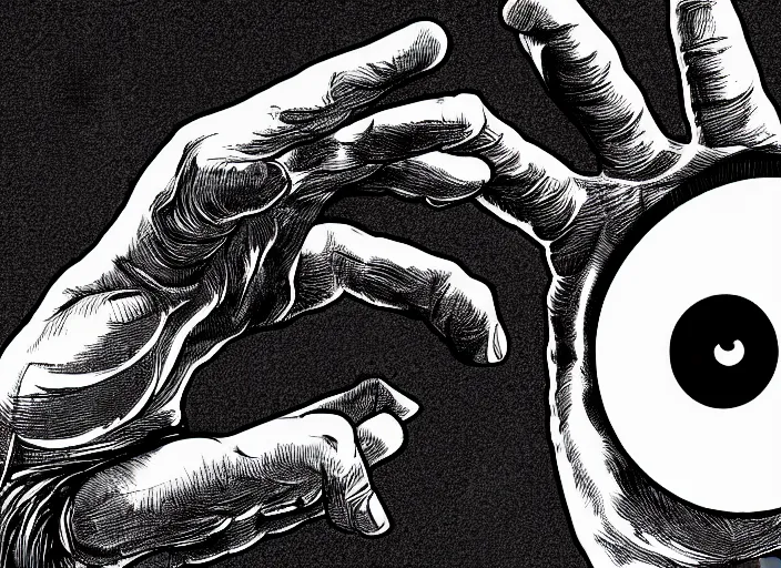 Prompt: a giant hand catches an eyeball, berserk, 4 k resolution, comic style ， ultra detailed,